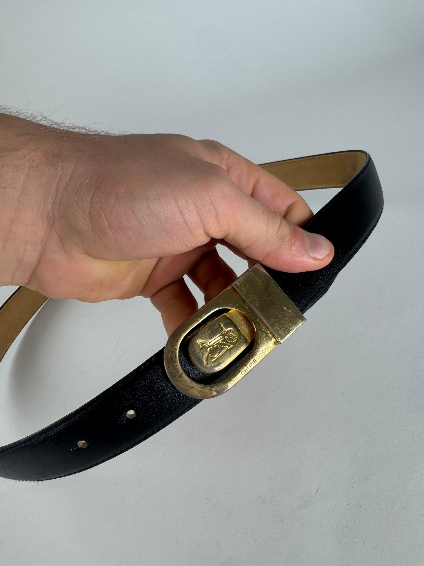 Vintage Celine Paris Carriage Logo Leather Belt Black