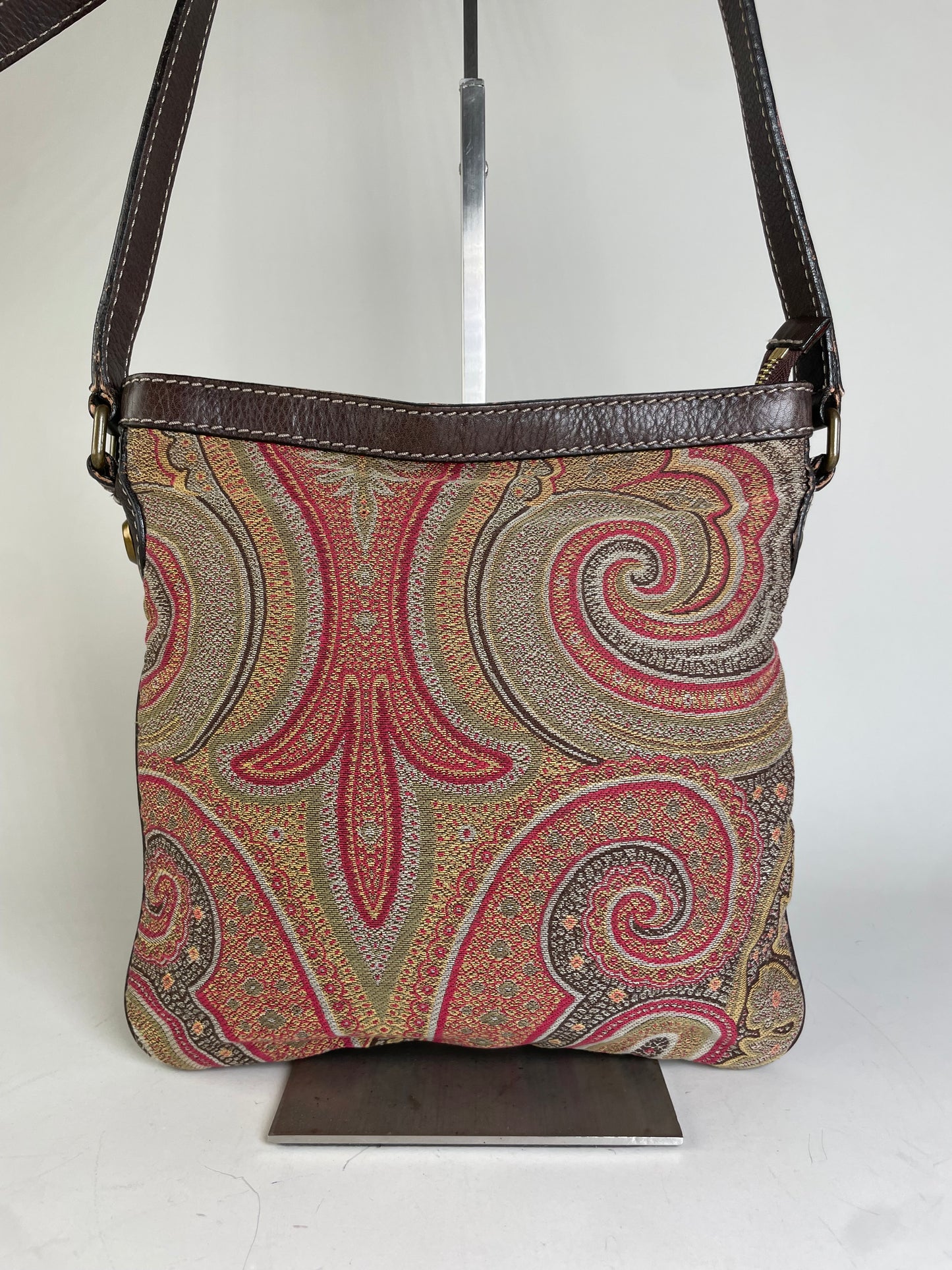 Vintage Etro Patterned Textile Shoulder Bag Tan Rust Magenta