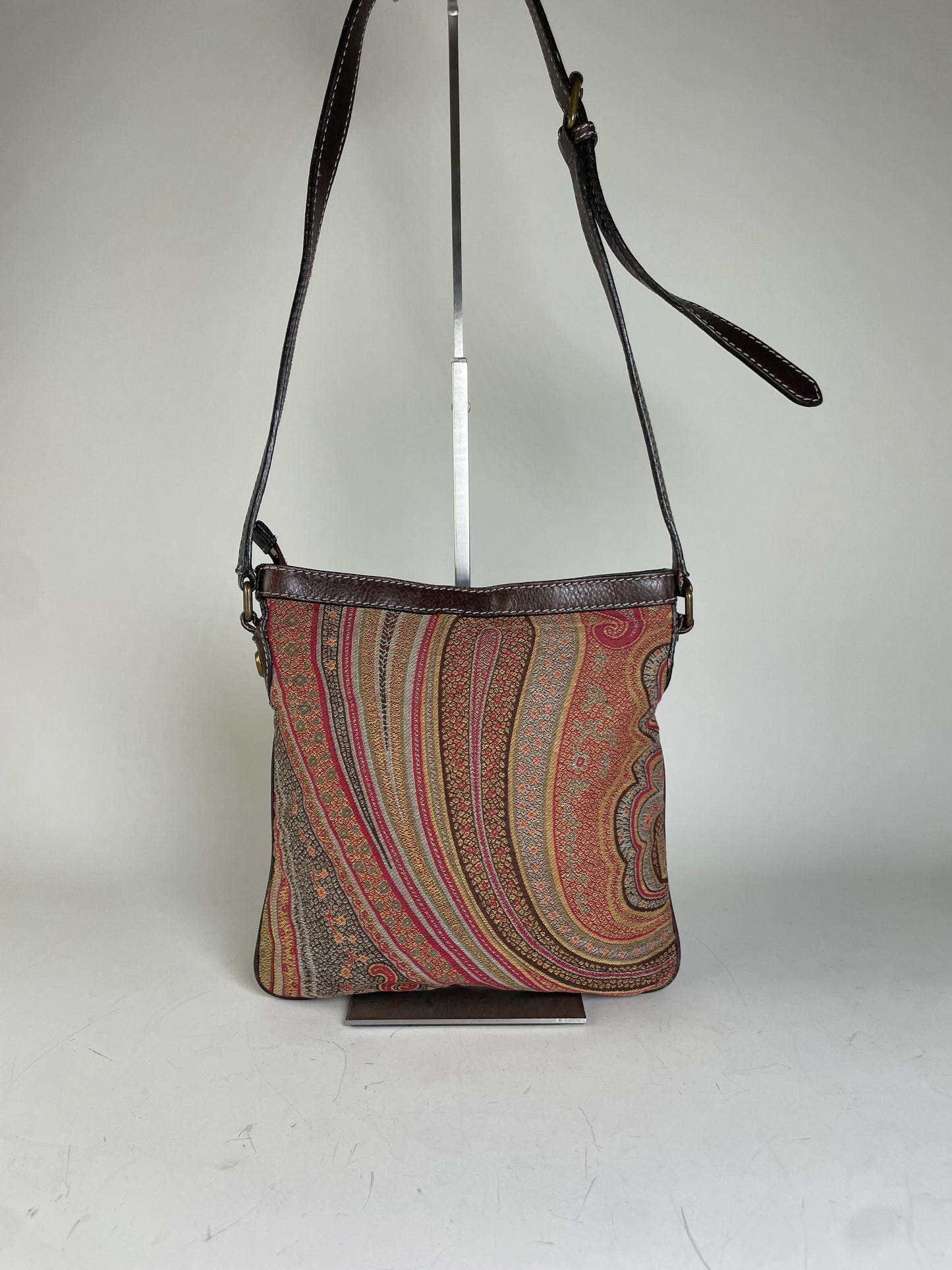 Vintage Etro Patterned Textile Shoulder Bag Tan Rust Magenta