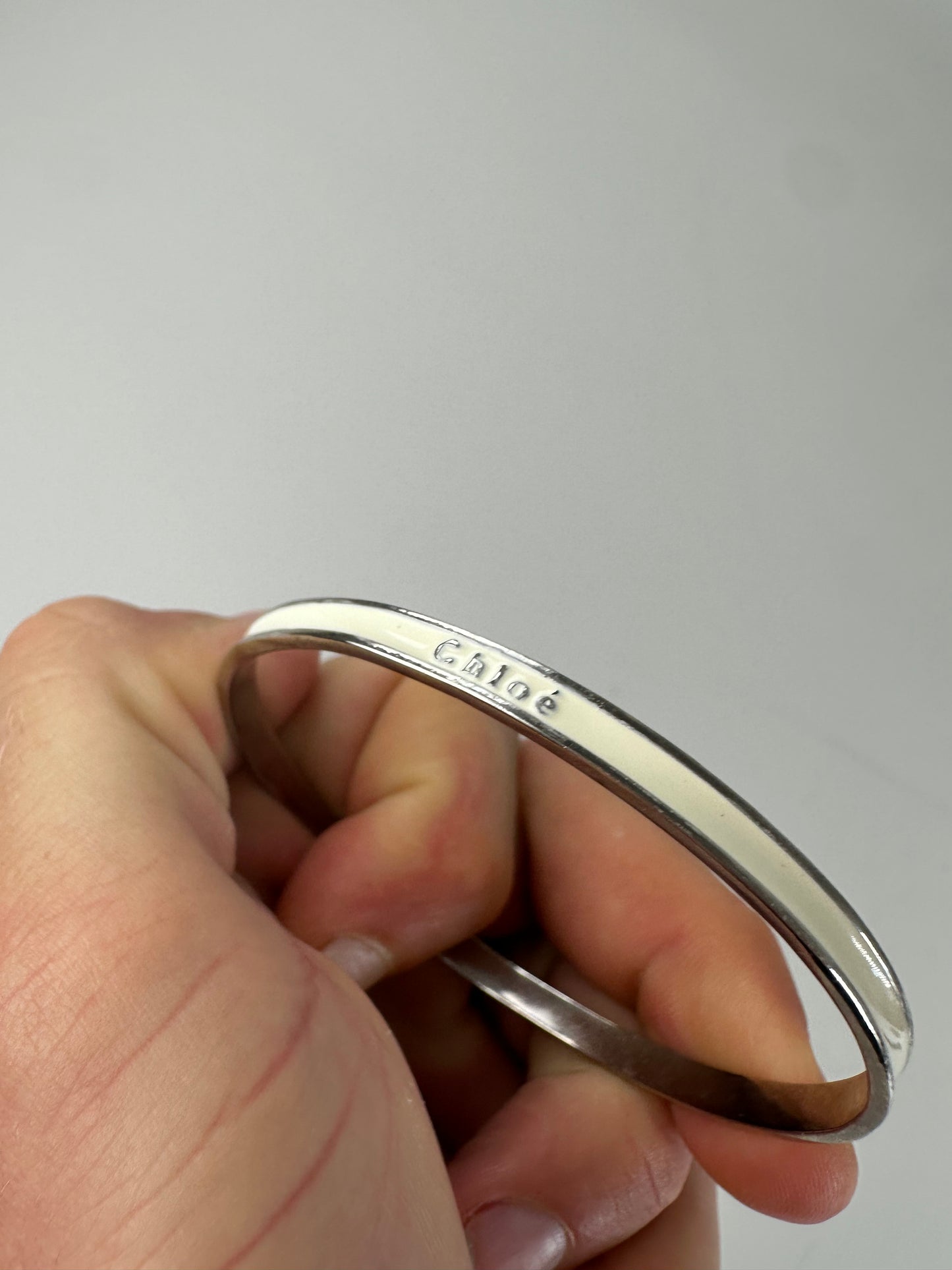 Vintage Chloé Enamel Sterling Silver Bangle Cream Silver