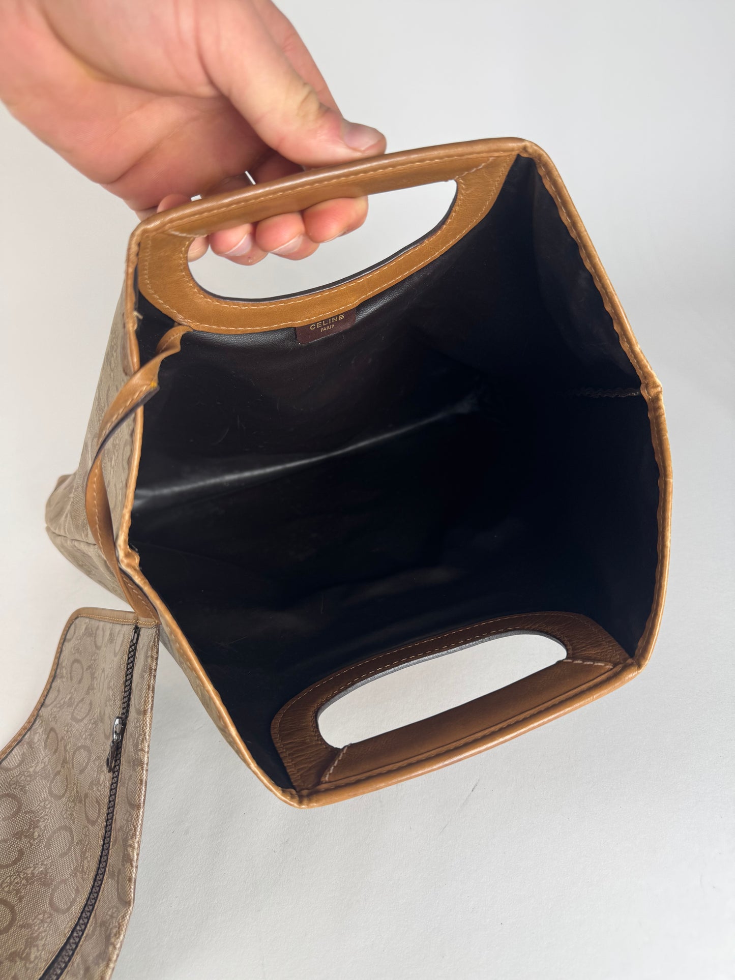 Vintage Celine Paris C Monogram Leather tote bag brown beige