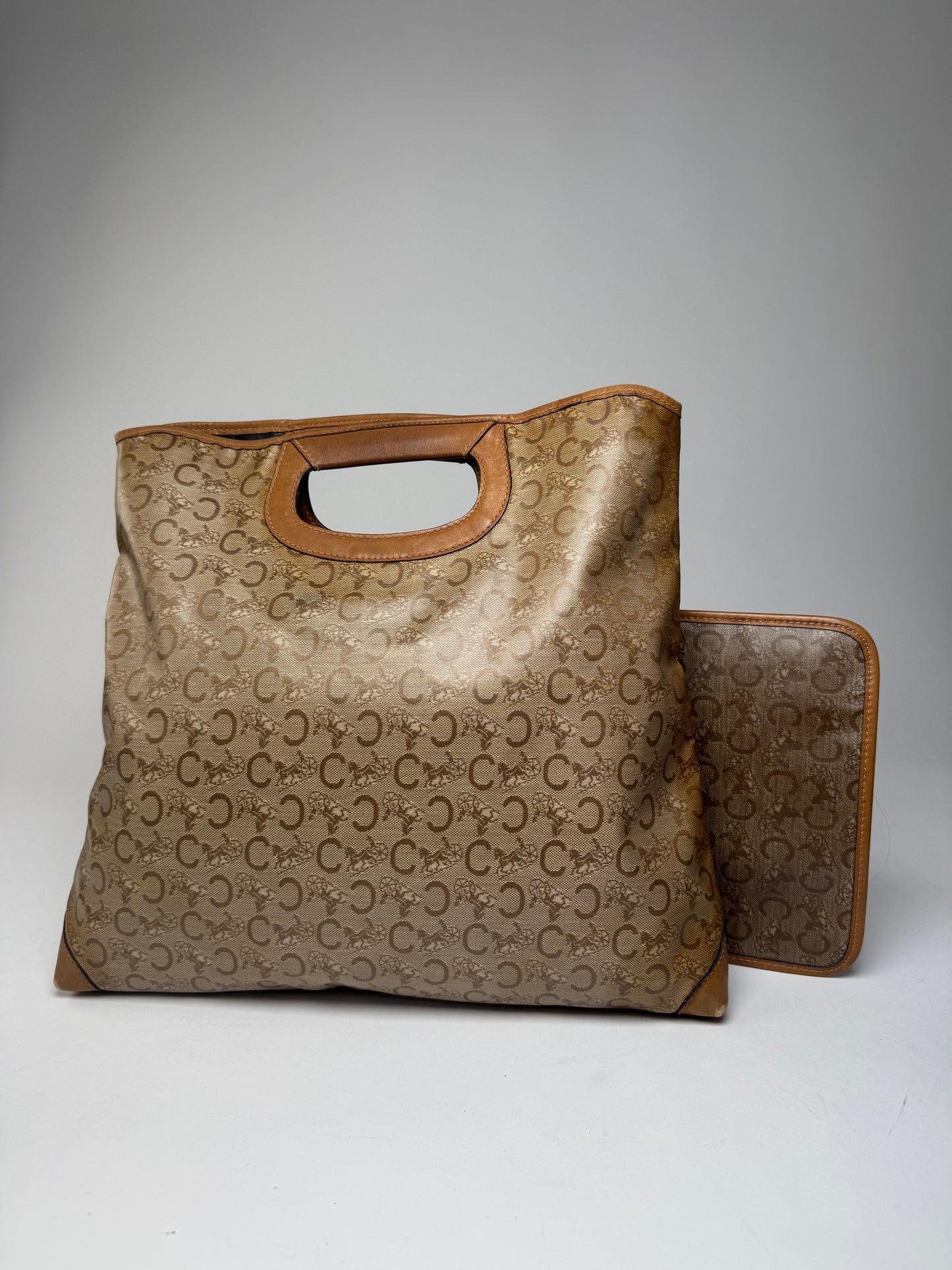 Vintage Celine Paris C Monogram Leather tote bag brown beige