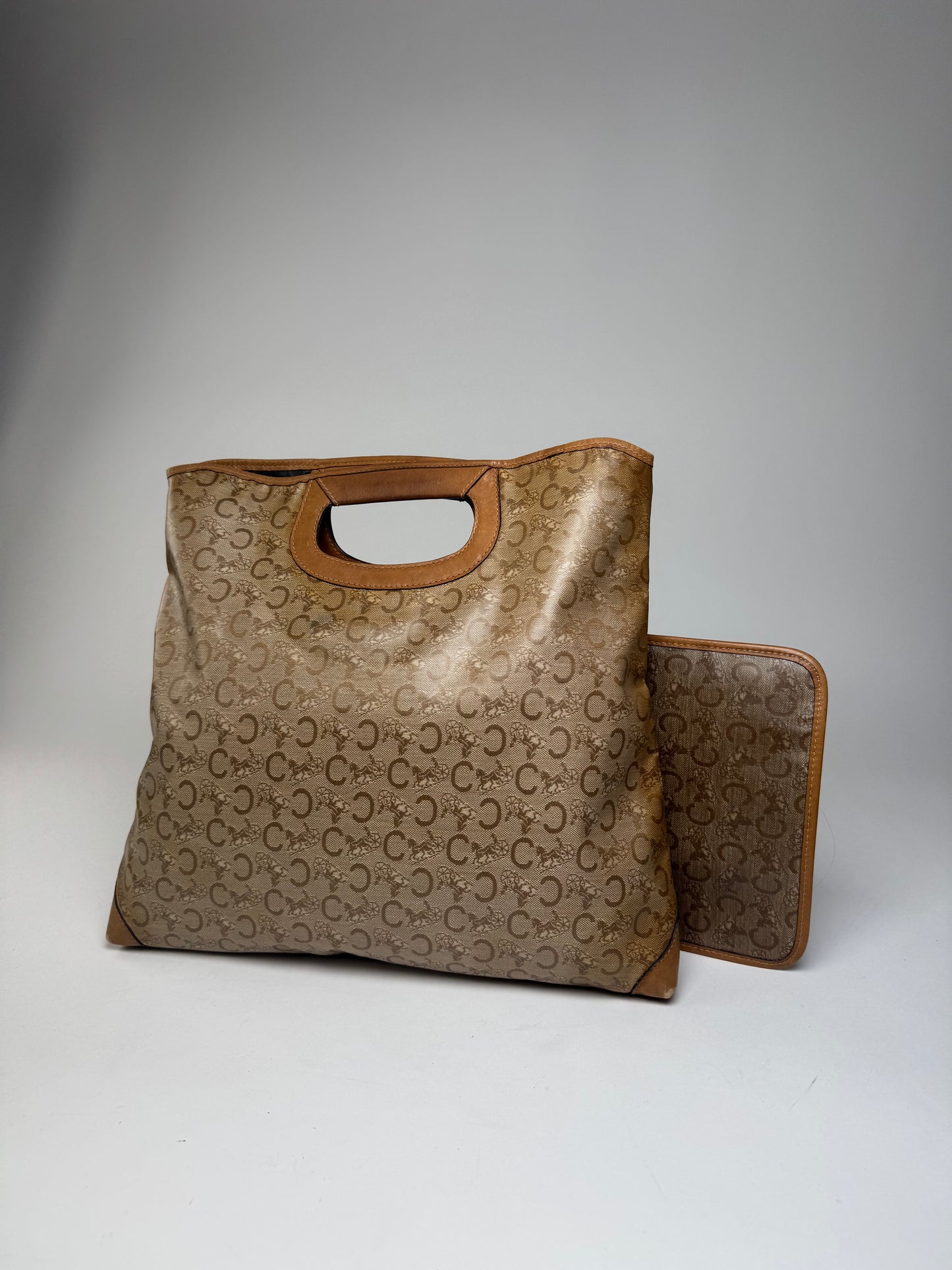 Vintage Celine Paris C Monogram Leather tote bag brown beige