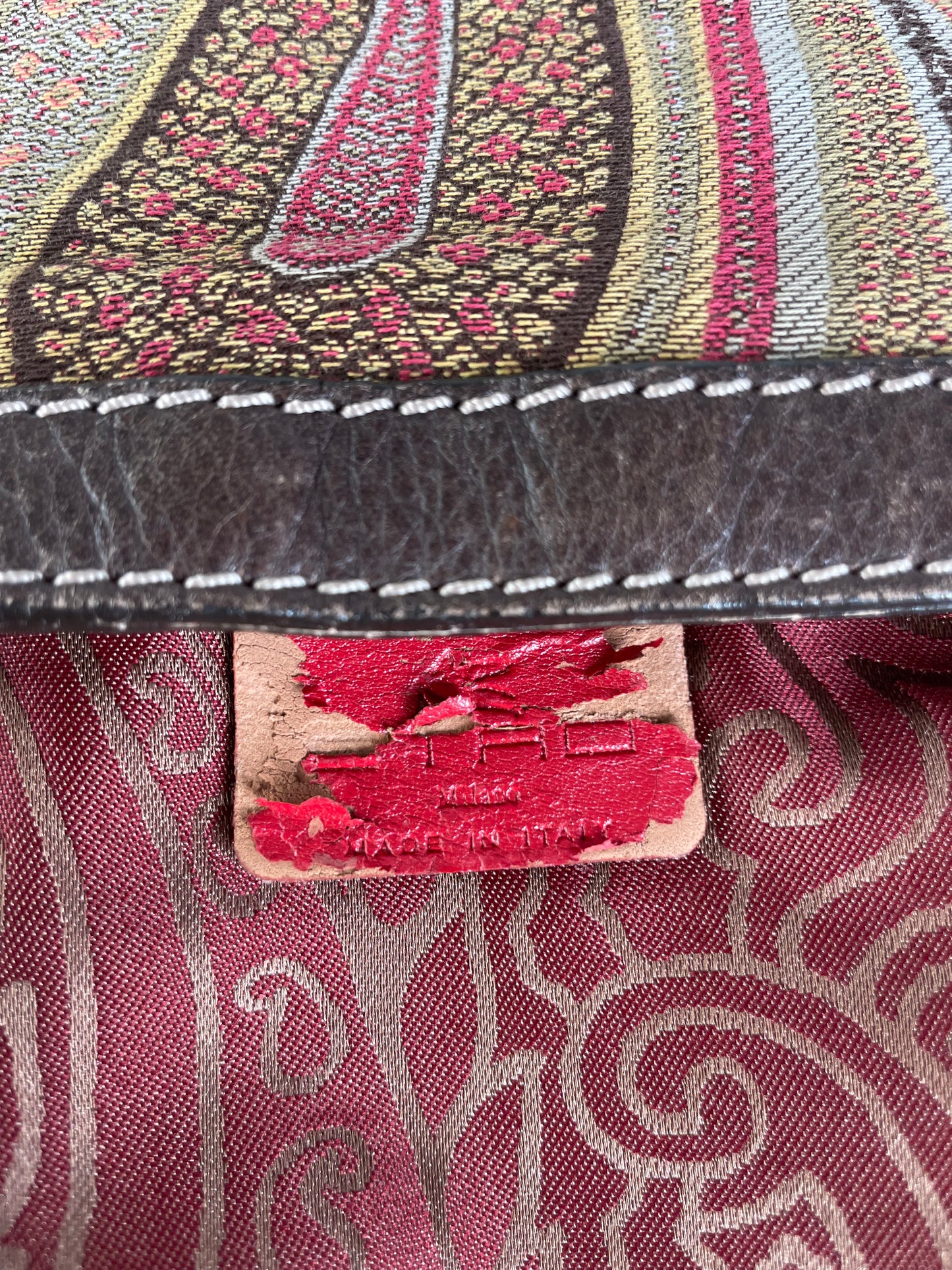 Vintage Etro Patterned Textile Shoulder Bag Tan Rust Magenta