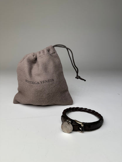 Vintage Bottega Veneta Woven Leather Bracelet Dark Brown Silver