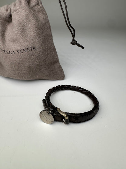 Vintage Bottega Veneta Woven Leather Bracelet Dark Brown Silver