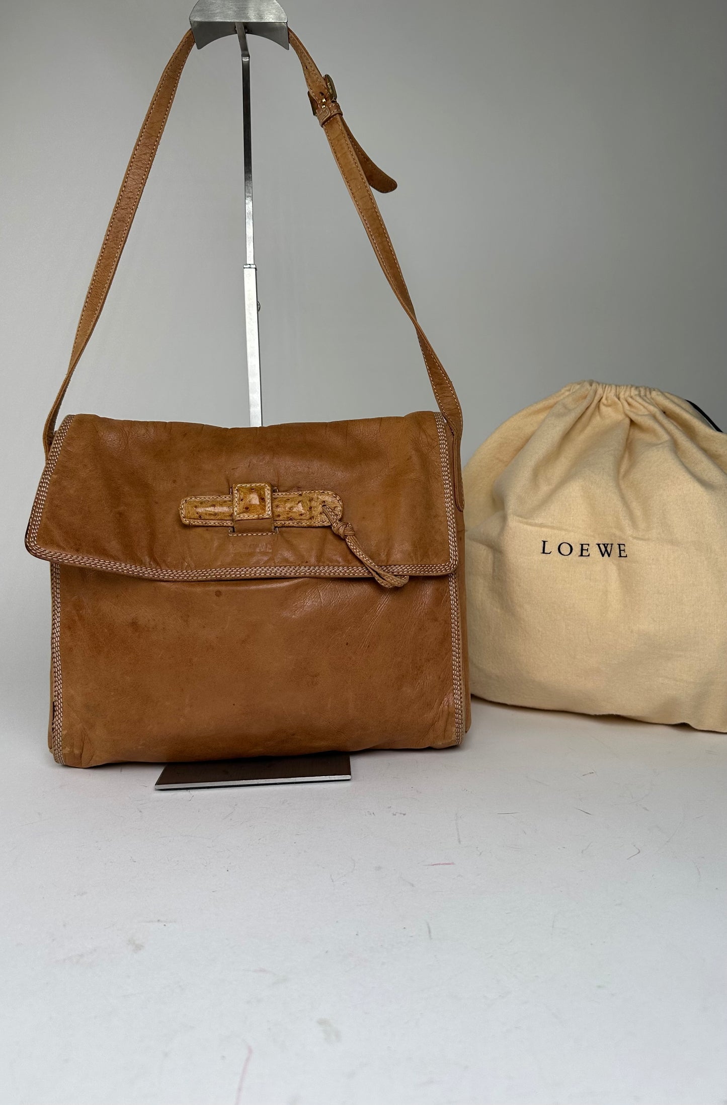 Vintage Loewe Leather Shoulder Bag with Ostrich Trim Tan