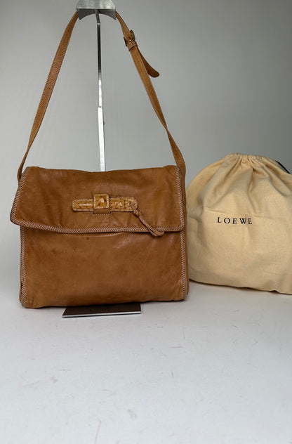 Vintage Loewe Leather Shoulder Bag with Ostrich Trim Tan