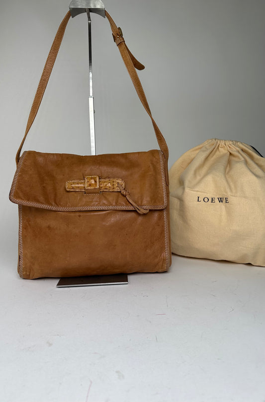 Vintage Loewe Leather Shoulder Bag with Ostrich Trim Tan
