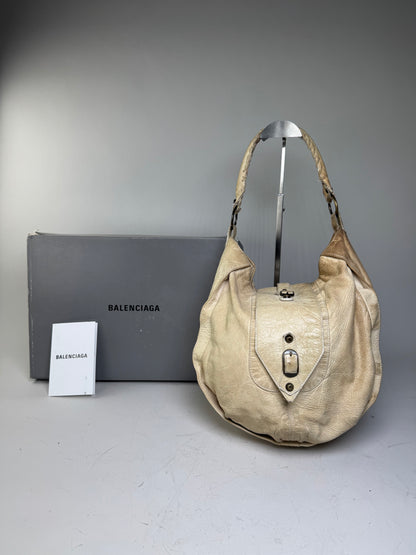 Vintage Balenciaga Leather Hobo Bag Cream Silver