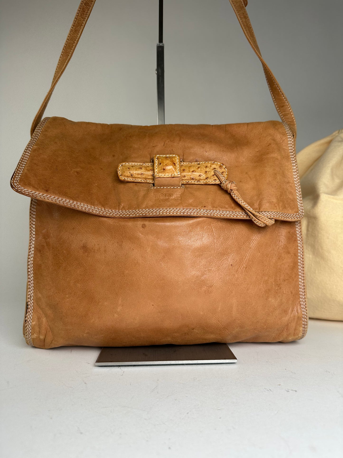 Vintage Loewe Leather Shoulder Bag with Ostrich Trim Tan