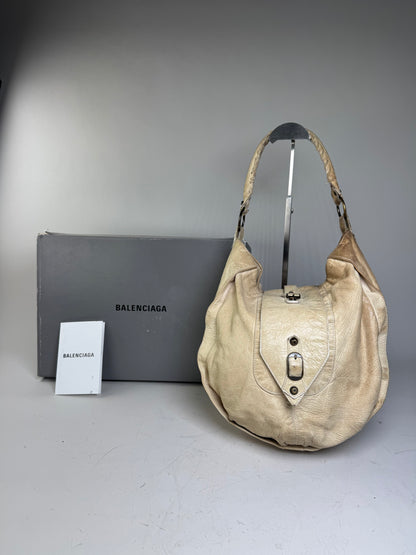 Vintage Balenciaga Leather Hobo Bag Cream Silver