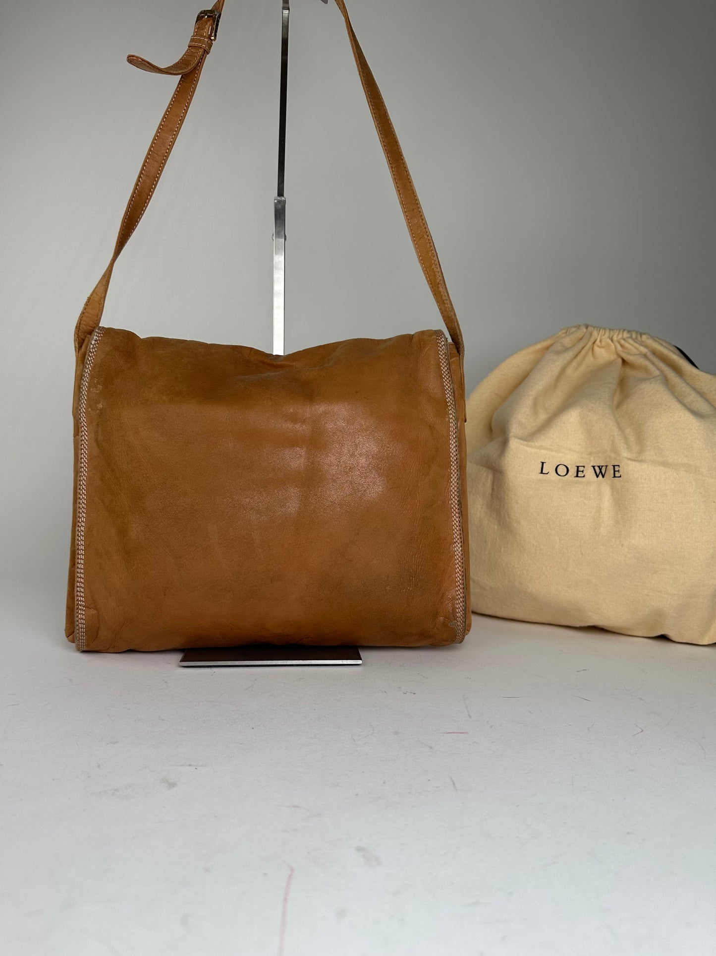 Vintage Loewe Leather Shoulder Bag with Ostrich Trim Tan