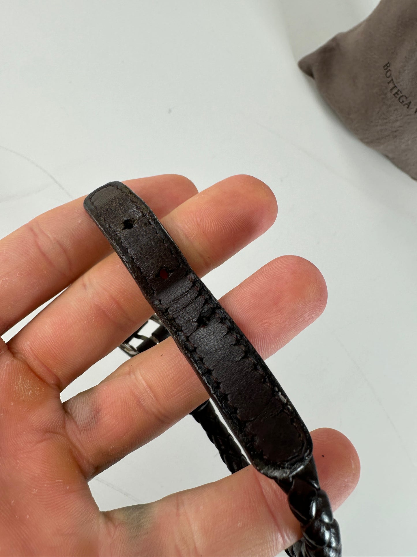 Vintage Bottega Veneta Woven Leather Bracelet Dark Brown Silver