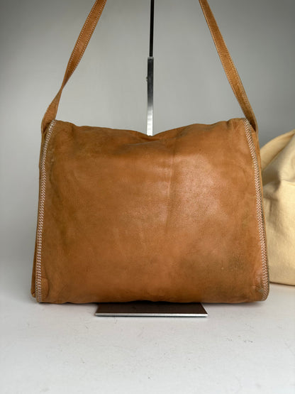 Vintage Loewe Leather Shoulder Bag with Ostrich Trim Tan
