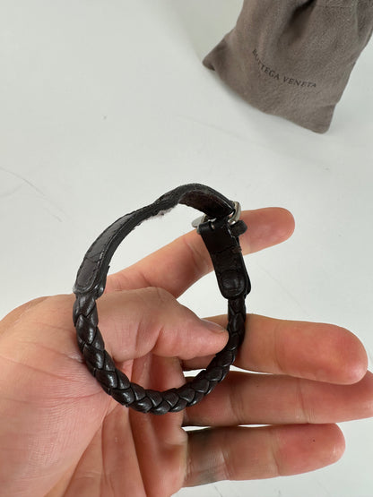 Vintage Bottega Veneta Woven Leather Bracelet Dark Brown Silver
