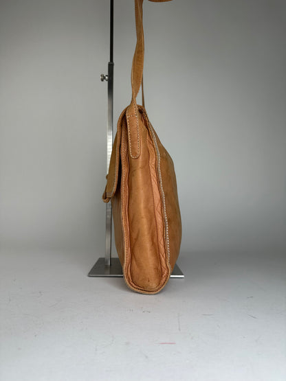 Vintage Loewe Leather Shoulder Bag with Ostrich Trim Tan