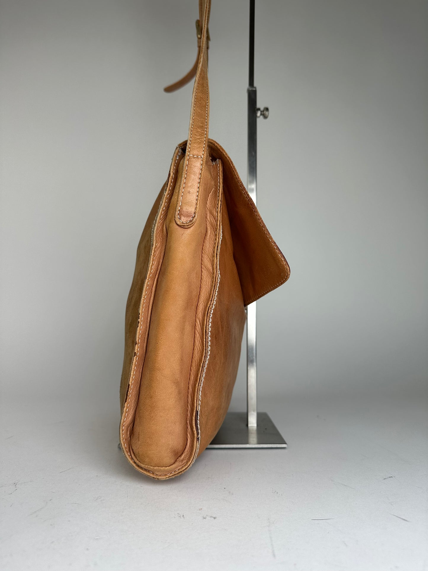 Vintage Loewe Leather Shoulder Bag with Ostrich Trim Tan