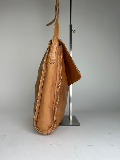 Vintage Loewe Leather Shoulder Bag with Ostrich Trim Tan
