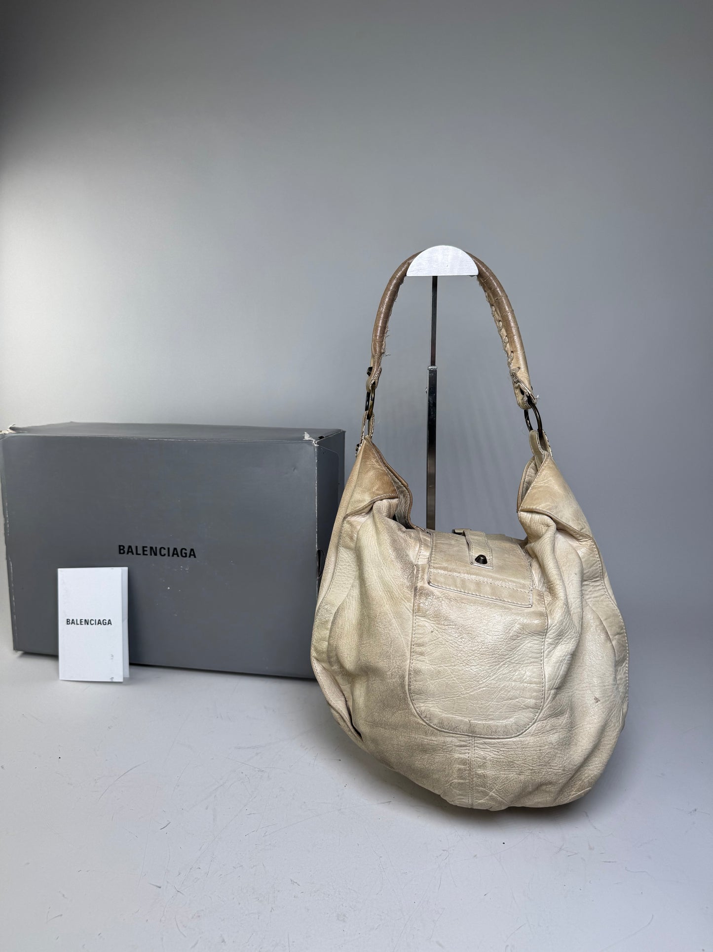 Vintage Balenciaga Leather Hobo Bag Cream Silver