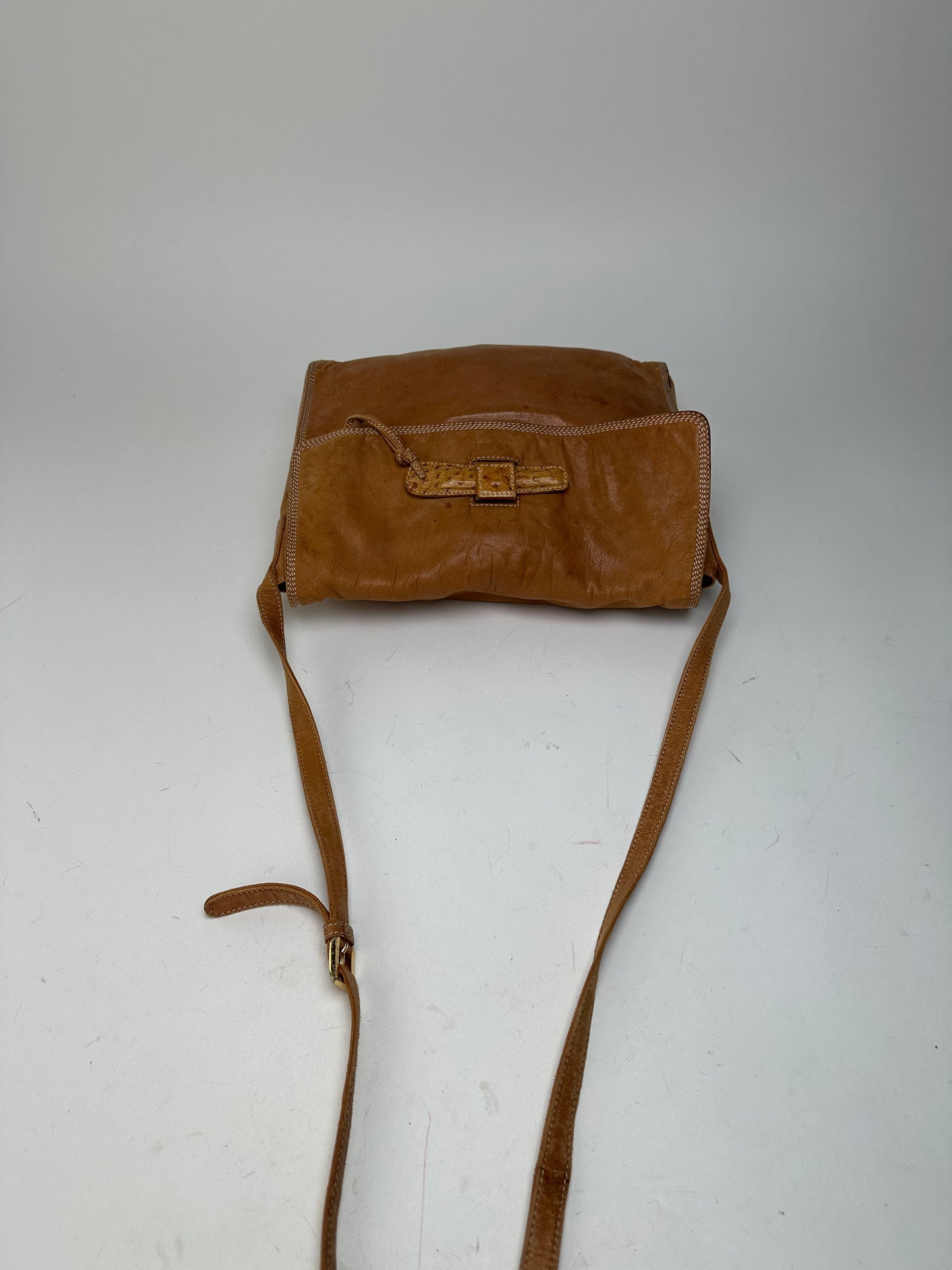 Vintage Loewe Leather Shoulder Bag with Ostrich Trim Tan