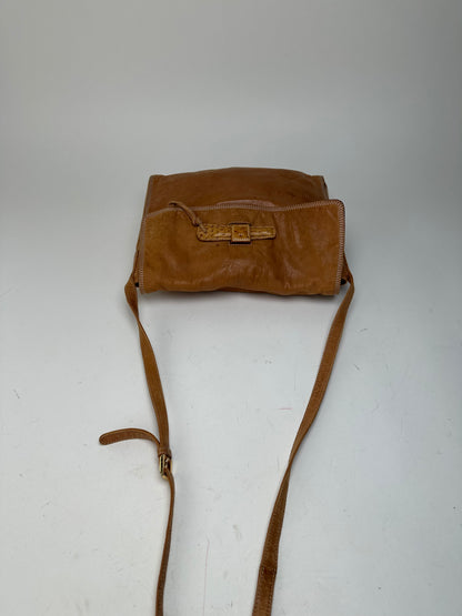Vintage Loewe Leather Shoulder Bag with Ostrich Trim Tan