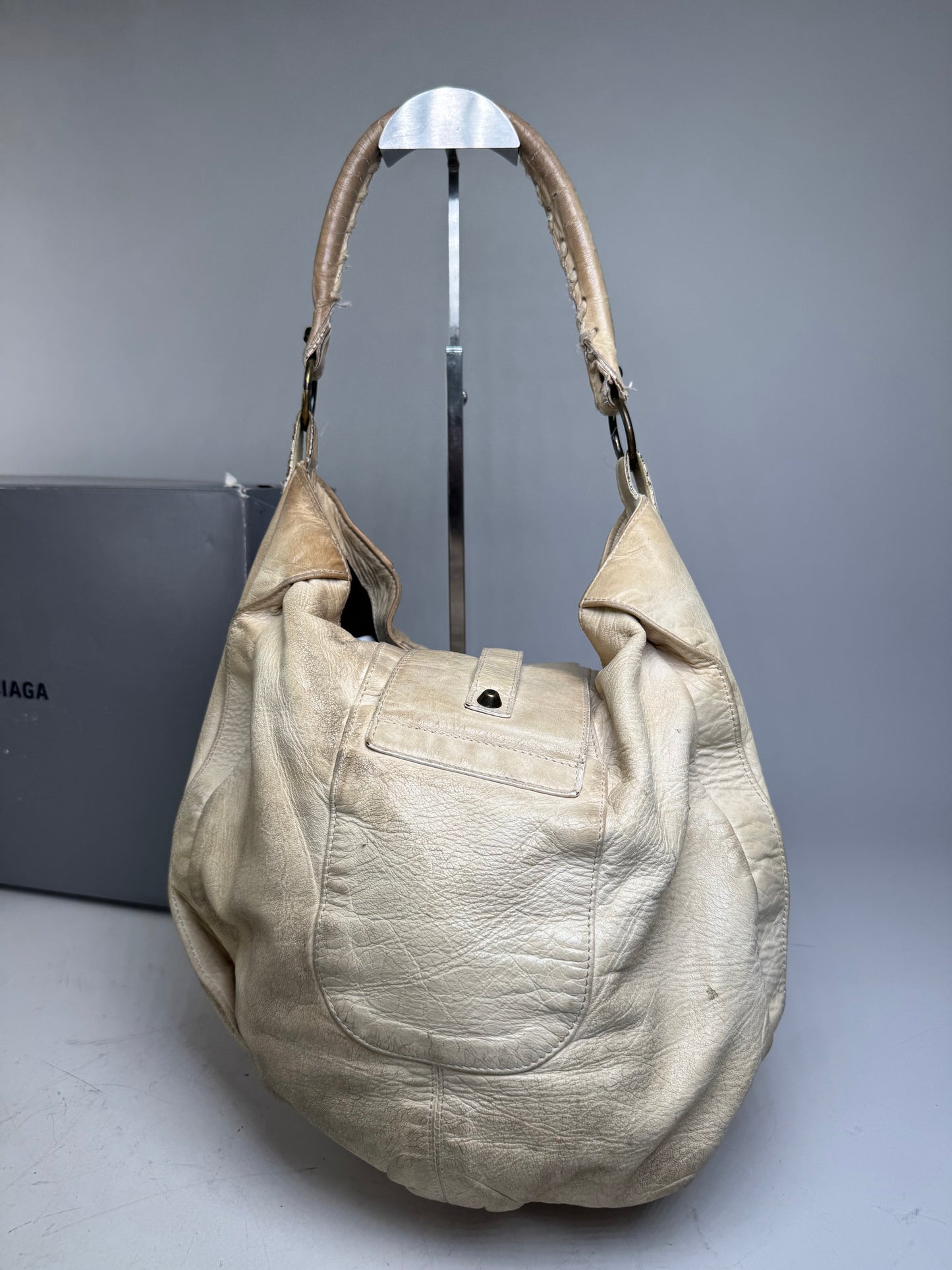 Vintage Balenciaga Leather Hobo Bag Cream Silver
