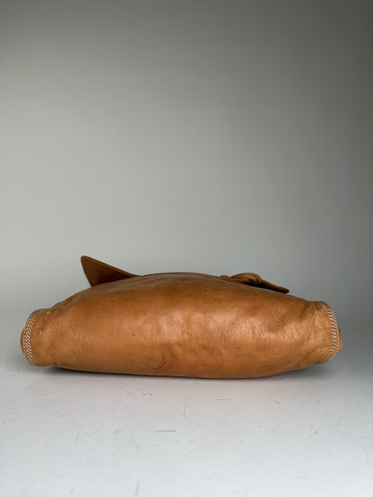 Vintage Loewe Leather Shoulder Bag with Ostrich Trim Tan