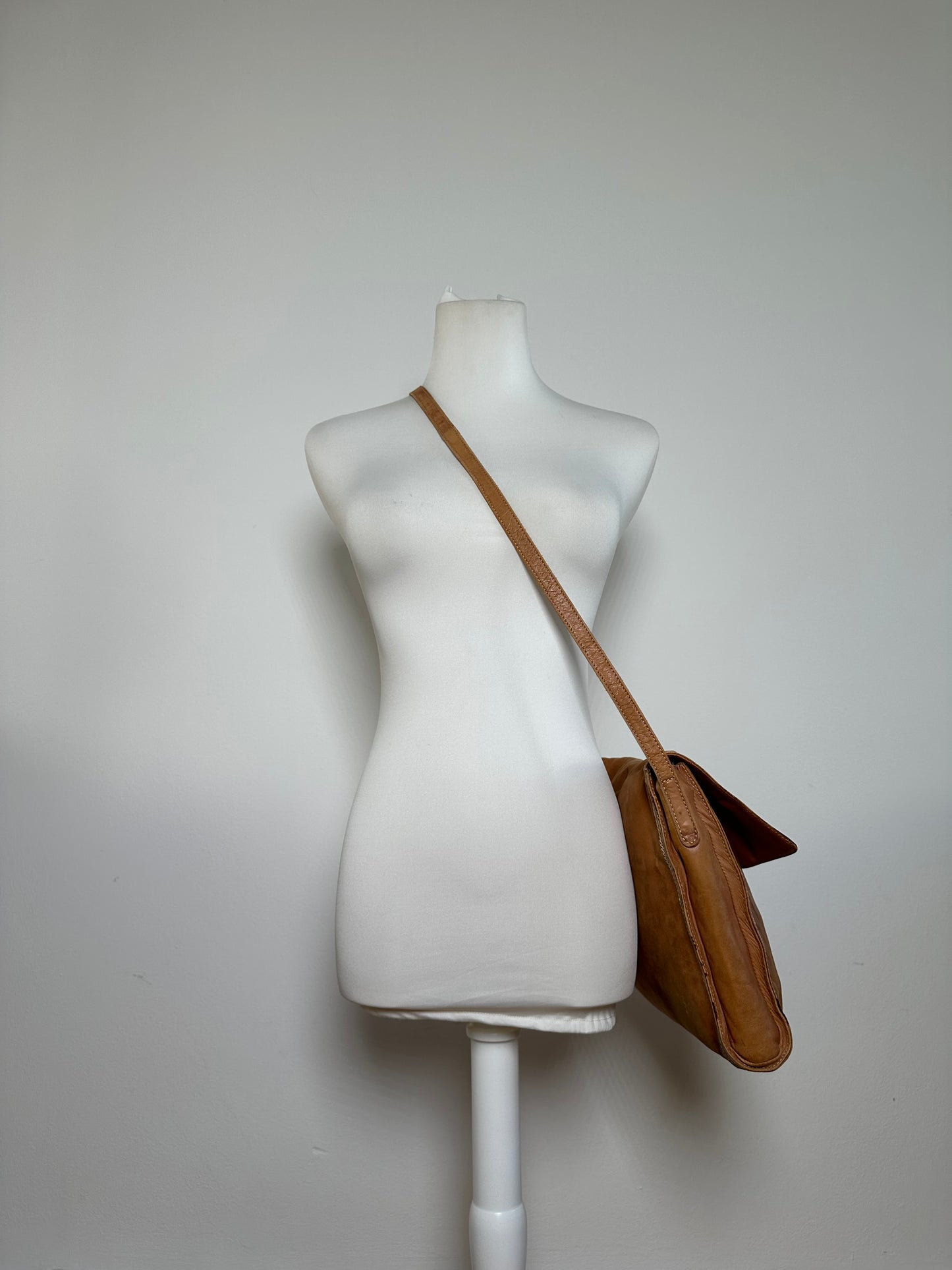 Vintage Loewe Leather Shoulder Bag with Ostrich Trim Tan
