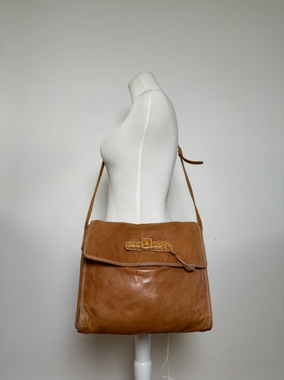 Vintage Loewe Leather Shoulder Bag with Ostrich Trim Tan