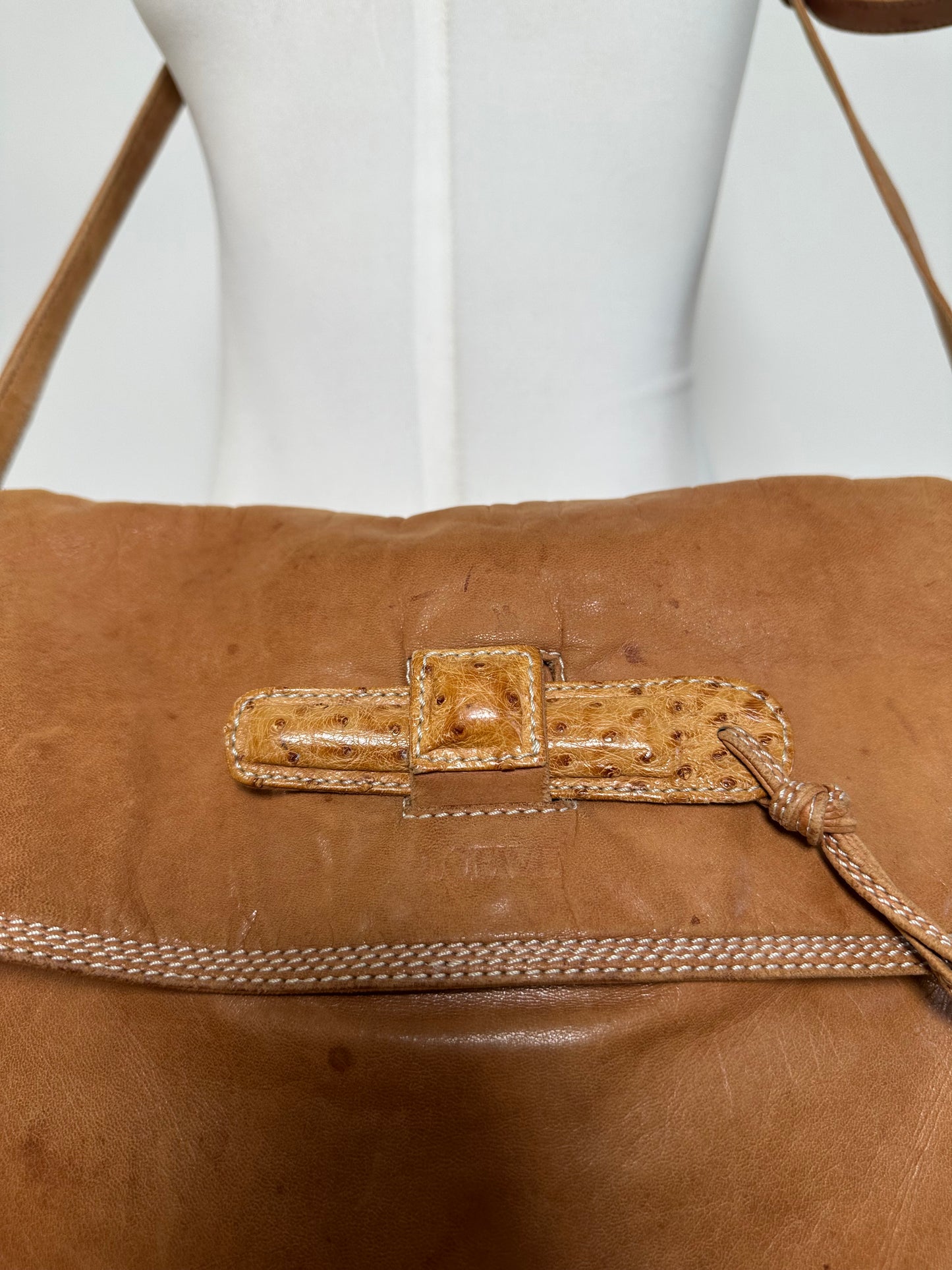 Vintage Loewe Leather Shoulder Bag with Ostrich Trim Tan