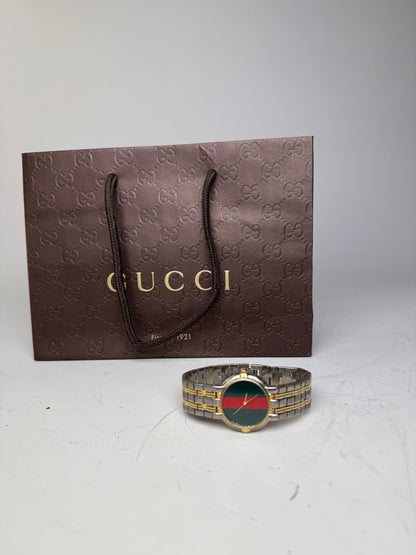 Vintage Gucci Web Stripe Bracelet Watch Green Red Gold