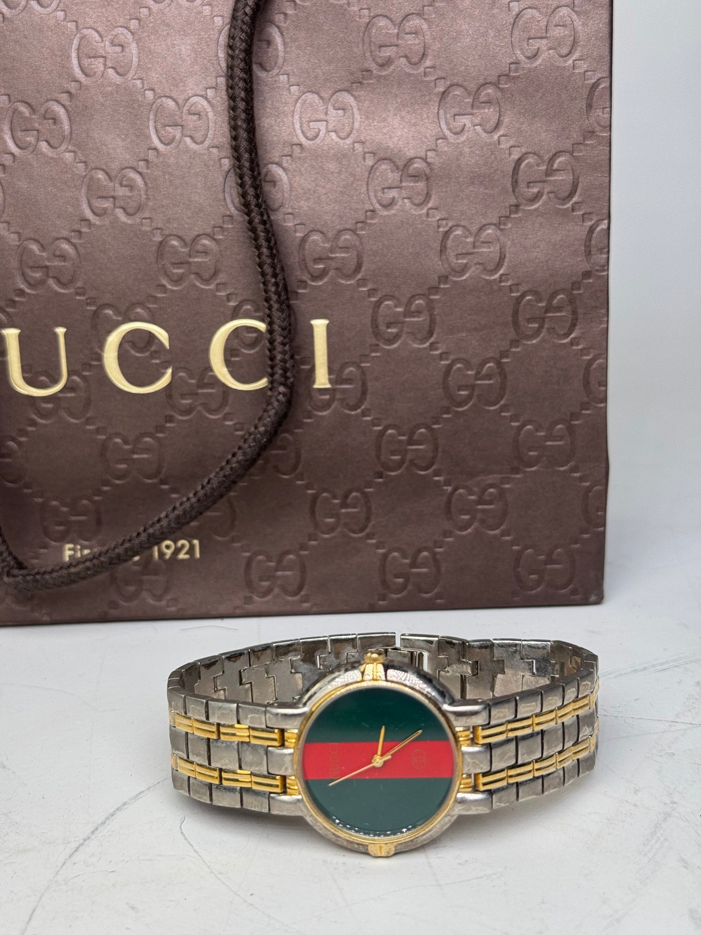 Vintage Gucci Web Stripe Bracelet Watch Green Red Gold
