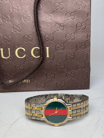 Vintage Gucci Web Stripe Bracelet Watch Green Red Gold