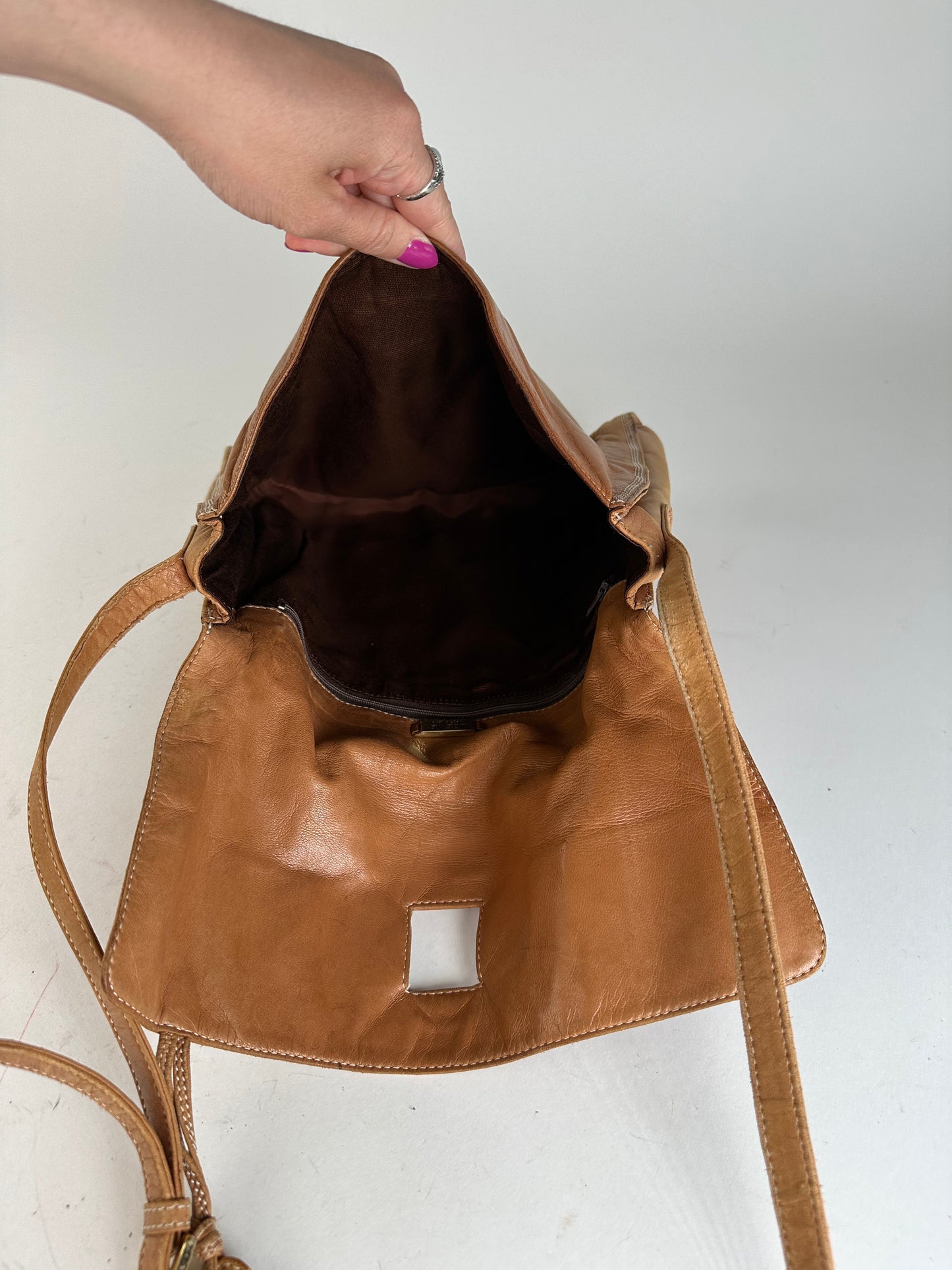 Vintage Loewe Leather Shoulder Bag with Ostrich Trim Tan