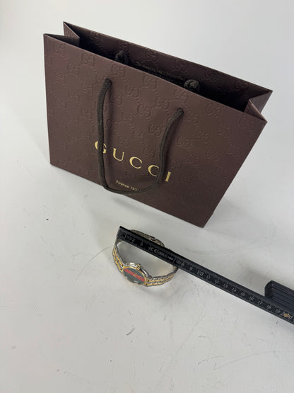 Vintage Gucci Web Stripe Bracelet Watch Green Red Gold