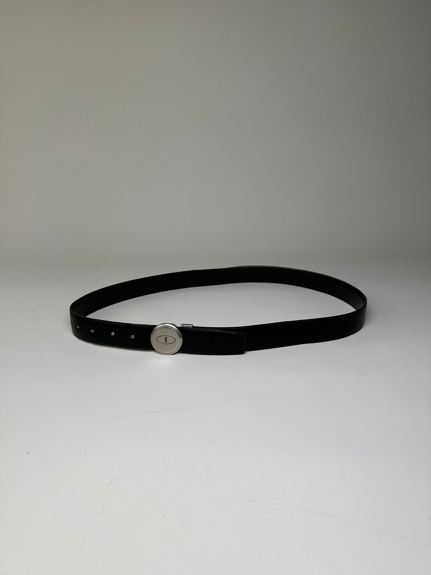 Vintage Saint Laurent Leather Belt Black Silver Buckle
