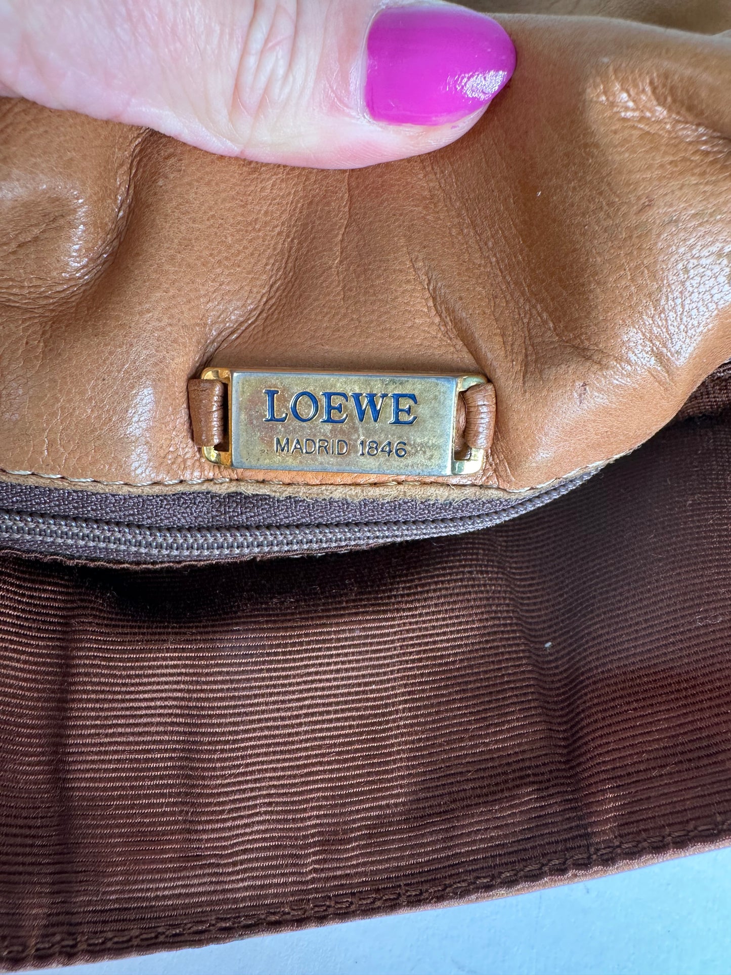 Vintage Loewe Leather Shoulder Bag with Ostrich Trim Tan