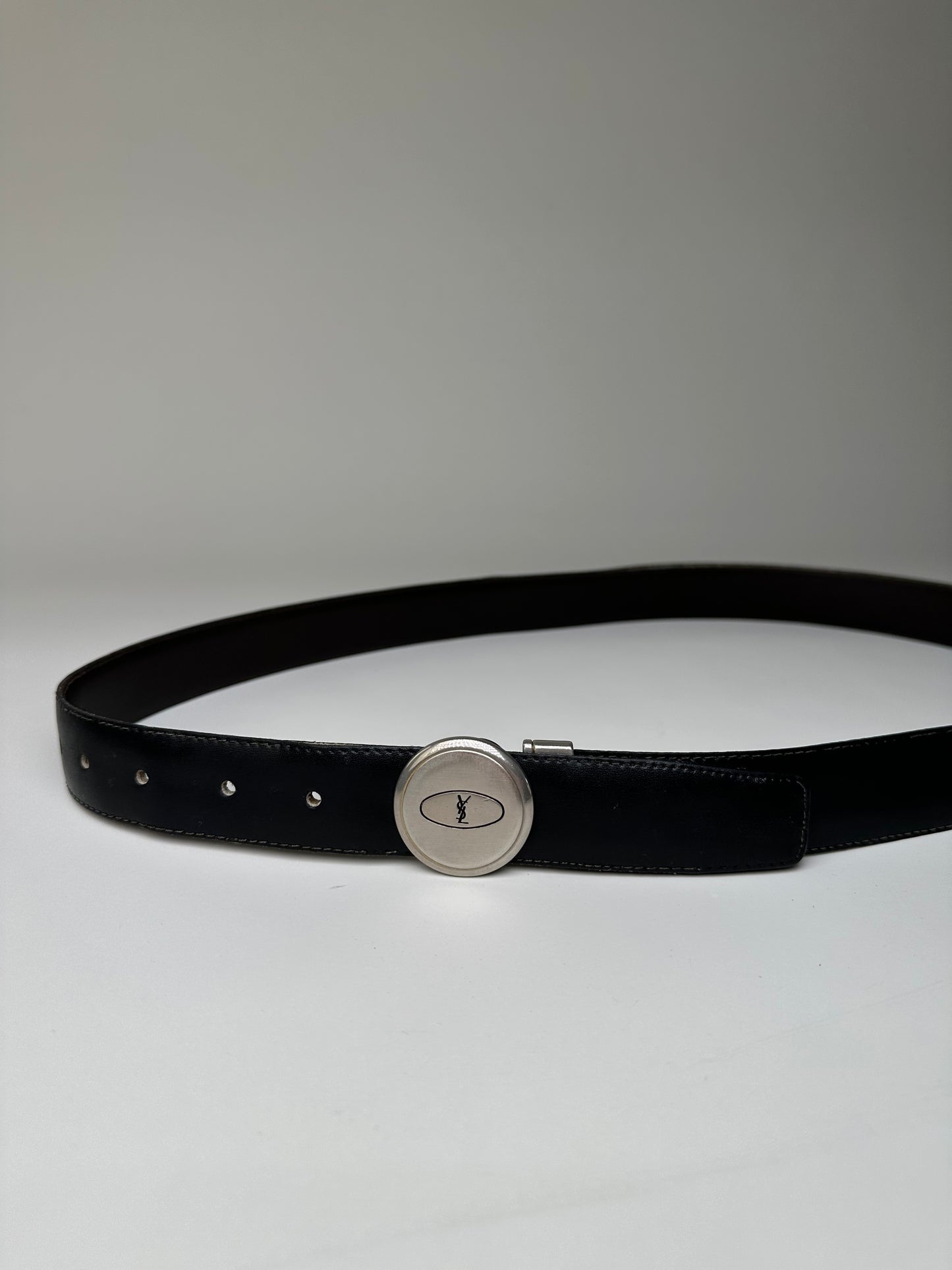 Vintage Saint Laurent Leather Belt Black Silver Buckle