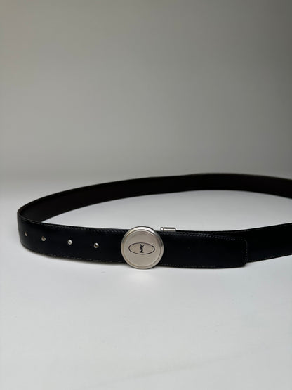 Vintage Saint Laurent Leather Belt Black Silver Buckle