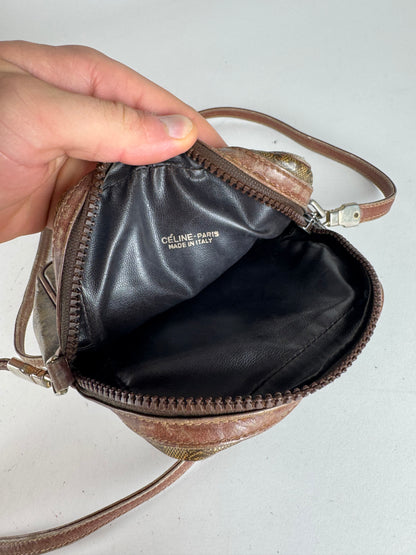 Vintage Celine Paris Patent Leather Monogram Messenger Bag Khaki Brown