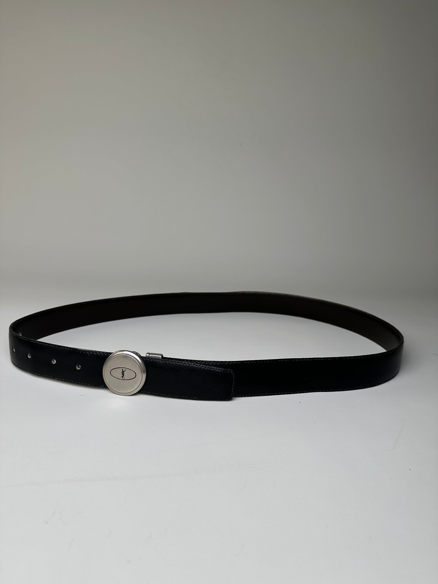 Vintage Saint Laurent Leather Belt Black Silver Buckle