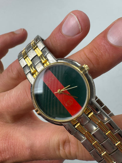 Vintage Gucci Web Stripe Bracelet Watch Green Red Gold