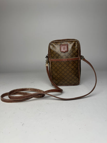 Vintage Celine Paris Patent Leather Monogram Messenger Bag Khaki Brown