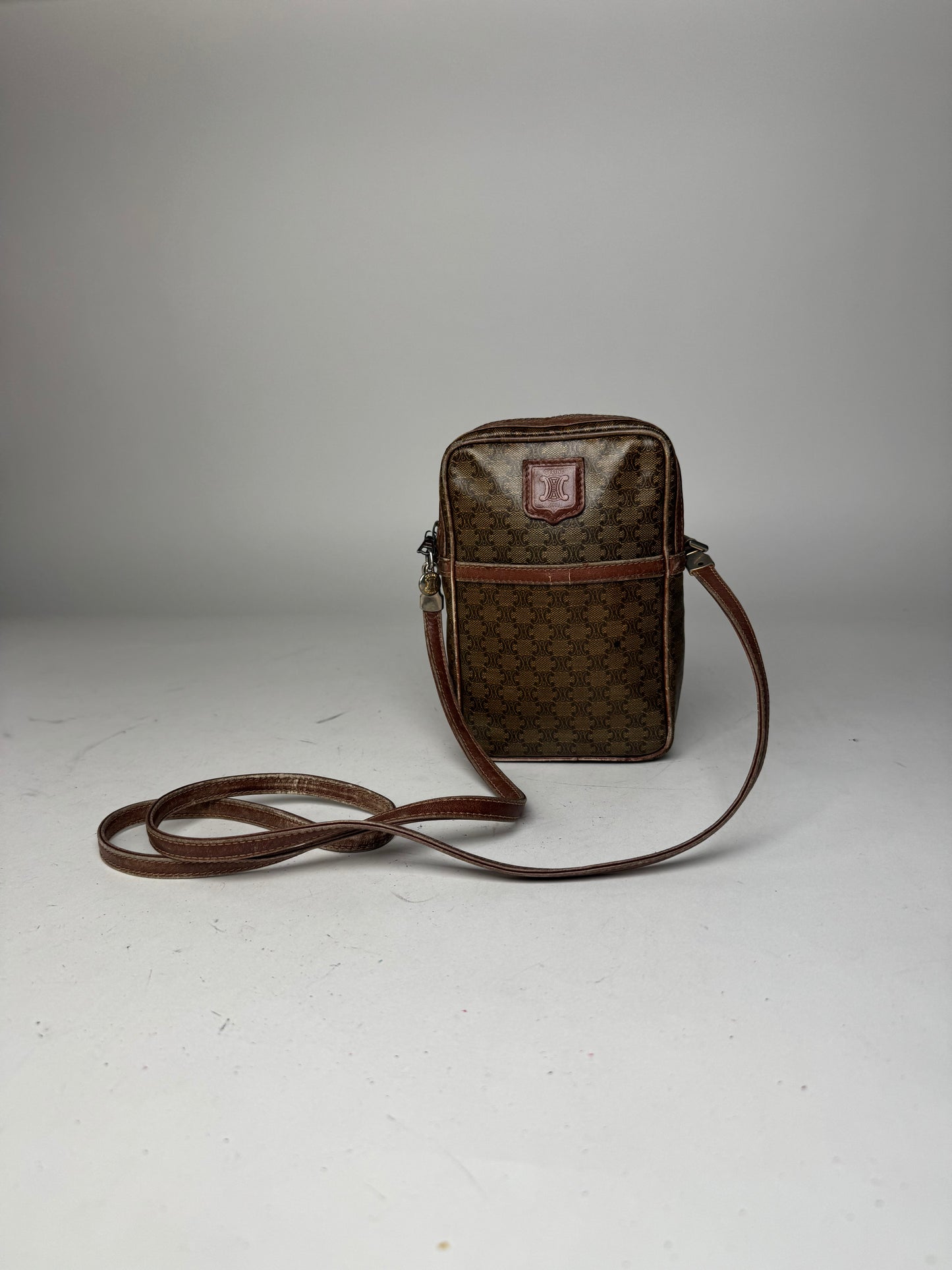 Vintage Celine Paris Patent Leather Monogram Messenger Bag Khaki Brown