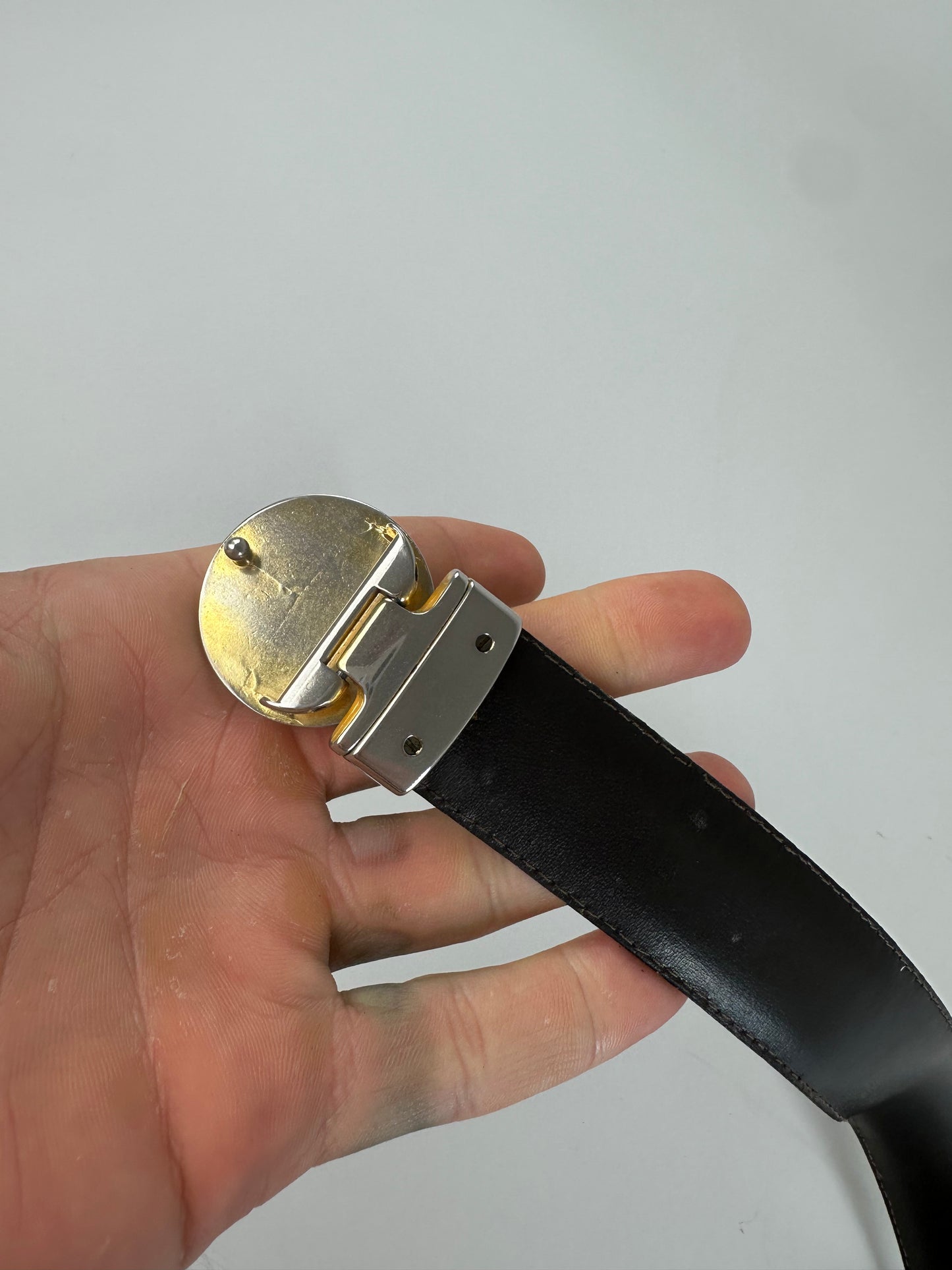 Vintage Saint Laurent Leather Belt Black Silver Buckle