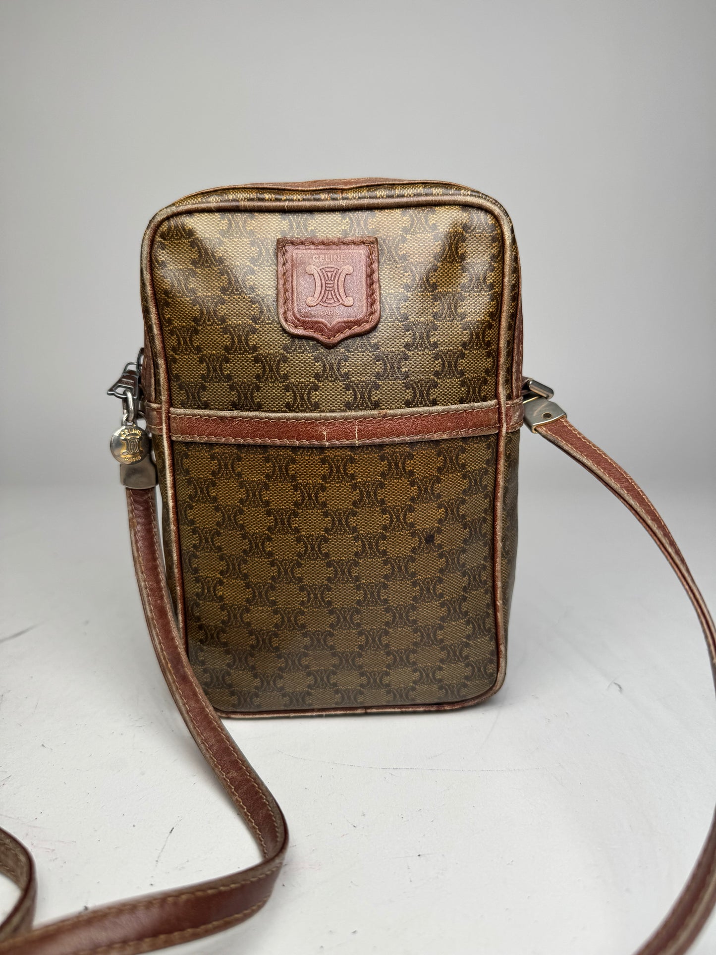 Vintage Celine Paris Patent Leather Monogram Messenger Bag Khaki Brown