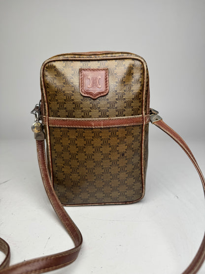 Vintage Celine Paris Patent Leather Monogram Messenger Bag Khaki Brown