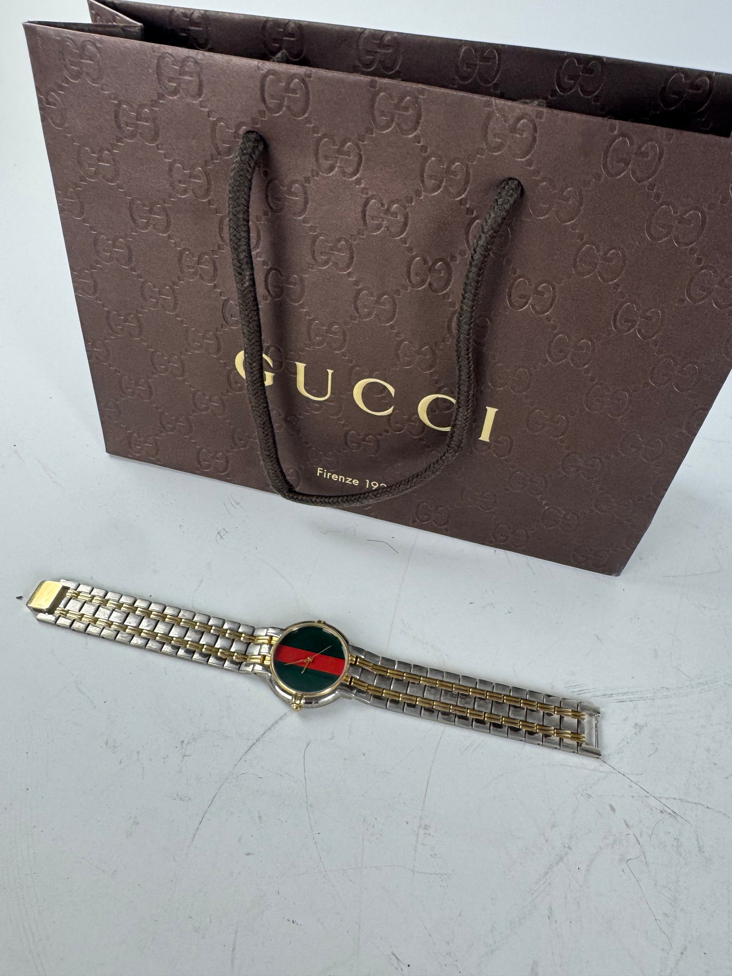 Vintage Gucci Web Stripe Bracelet Watch Green Red Gold