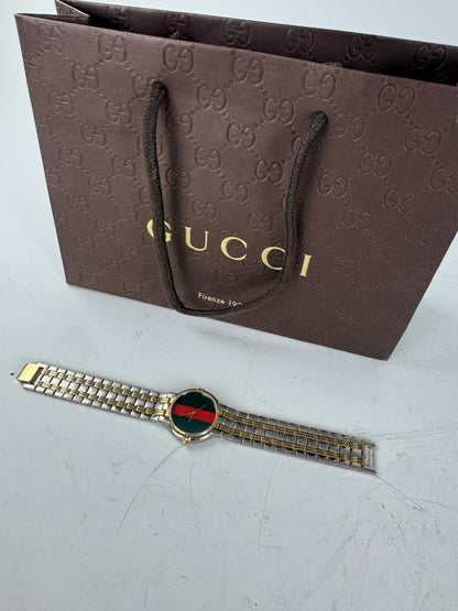 Vintage Gucci Web Stripe Bracelet Watch Green Red Gold